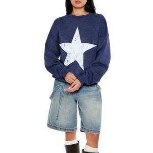 Forever 21 Oversized Star Graphic Sweatshirt Navy Blue Distressed Pullover Small
